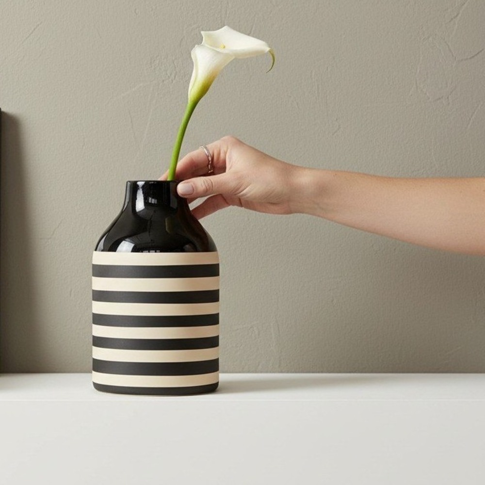 Zara Home Black and Cream Striped Ceramic Vase Modern Bottle Shape Decor 9.5in